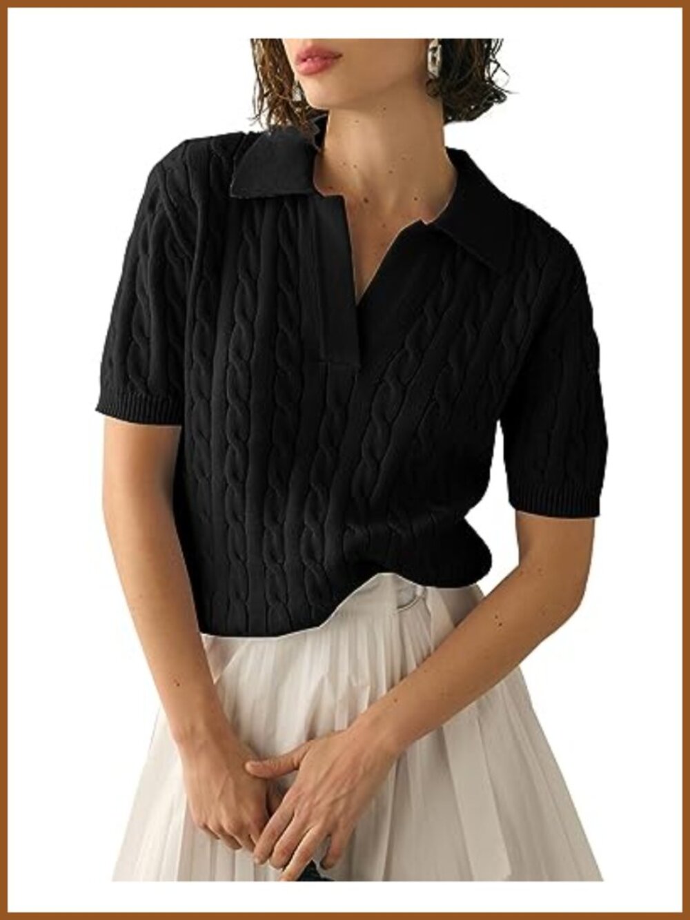 Cable Knit Short Sleeve Sweater Top Lapel V Neck Pullover